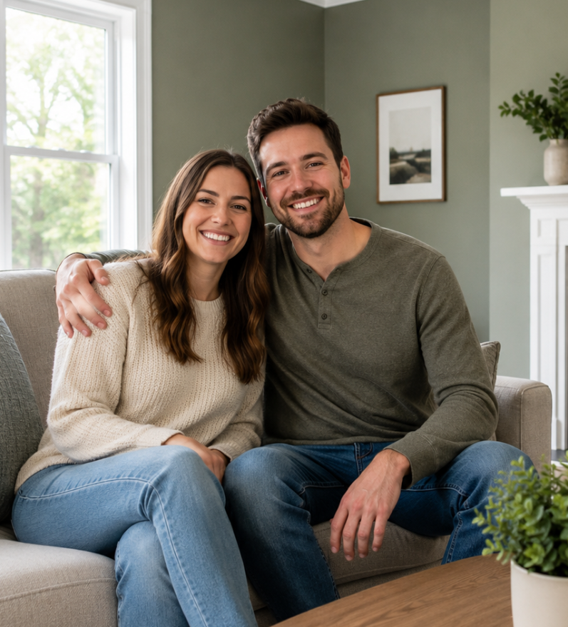 A smiling couple sitting closely together in a newly painted room enjoying each other's company.